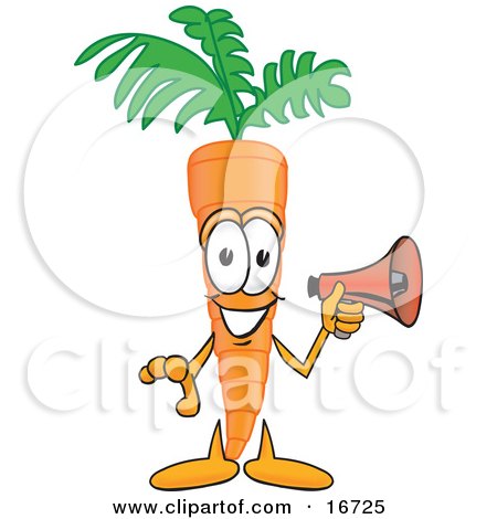 Clipart Picture of an Orange Carrot Mascot Cartoon Character Preparing to Make an Announcement With a Megaphone Bullhorn by Mascot Junction