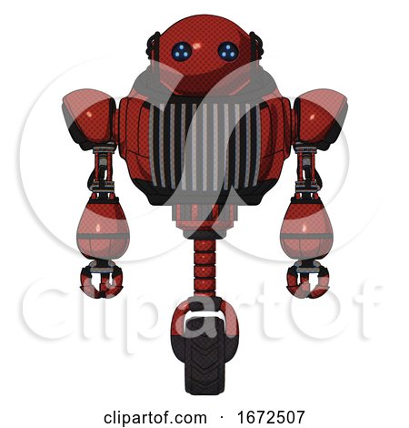 Bot Containing Oval Wide Head and Blue Led Eyes and Heavy Upper Chest and Chest Vents and Unicycle Wheel. Cherry Tomato Red. Front View. by Leo Blanchette