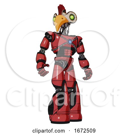 Android Containing Bird Skull Head and Green Eyes and Chicken Design and Light Chest Exoshielding and Blue Energy Core and Light Leg Exoshielding and Stomper Foot Mod. Primary Red Halftone. Hero Pose. by Leo Blanchette