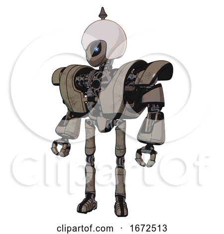 Droid Containing Grey Alien Style Head and Electric Eyes and Helmet and Heavy Upper Chest and Heavy Mech Chest and Ultralight Foot Exosuit. Patent Khaki Metal. Standing Looking Right Restful Pose. by Leo Blanchette