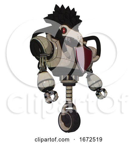 Bot Containing Bird Skull Head and Red Line Eyes and Crow Feather Design and Heavy Upper Chest and Red Shield Defense Design and Unicycle Wheel. Grungy Fiberglass. Facing Left View. by Leo Blanchette