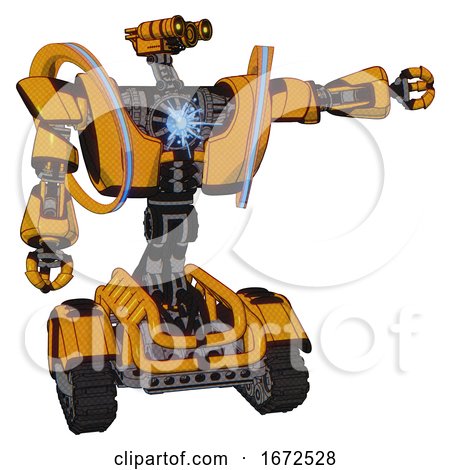 Mech Containing Dual Retro Camera Head and Simple Blue Telescopic Eye Head and Heavy Upper Chest and Heavy Mech Chest and Spectrum Fusion Core Chest and Tank Tracks. Primary Yellow Halftone. by Leo Blanchette
