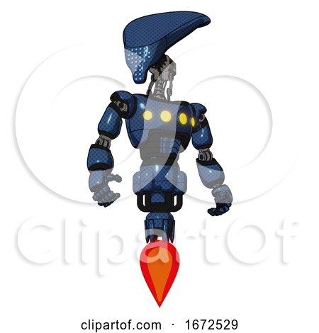 Robot Containing Flat Elongated Skull Head and Light Chest Exoshielding and Yellow Chest Lights and Jet Propulsion. Dark Blue Halftone. Hero Pose. by Leo Blanchette