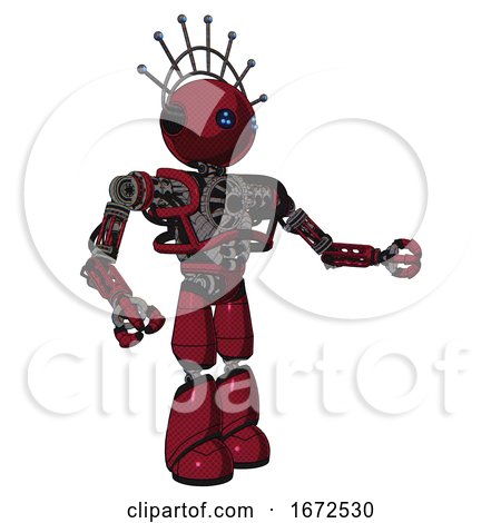 Robot Containing Oval Wide Head and Blue Led Eyes and Techno Halo Ornament and Heavy Upper Chest and No Chest Plating and Light Leg Exoshielding. Fire Engine Red Halftone. Interacting. by Leo Blanchette