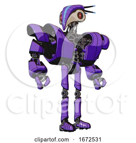 Android Containing Bird Skull Head and Red Line Eyes and Head Shield Design and Heavy Upper Chest and Heavy Mech Chest and Ultralight Foot Exosuit. Secondary Purple Halftone. Hero Pose. by Leo Blanchette