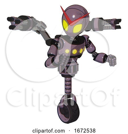 Automaton Containing Grey Alien Style Head and Yellow Eyes and Light Chest Exoshielding and Yellow Chest Lights and Minigun Back Assembly and Unicycle Wheel. Lilac Metal. Fight or Defense Pose.. by Leo Blanchette