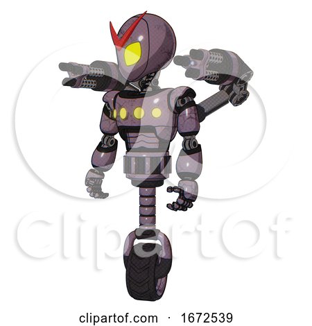 Automaton Containing Grey Alien Style Head and Yellow Eyes and Light Chest Exoshielding and Yellow Chest Lights and Minigun Back Assembly and Unicycle Wheel. Lilac Metal. by Leo Blanchette