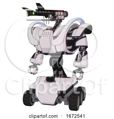 Android Containing Dual Retro Camera Head and Communications Array Head and Heavy Upper Chest and Heavy Mech Chest and Battle Mech Chest and Six-wheeler Base. White Halftone Toon. by Leo Blanchette