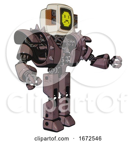 Robot Containing Old Computer Monitor and Yellow Sad Pixel Face and Old Retro Speakers and Heavy Upper Chest and Heavy Mech Chest and Shoulder Spikes and Prototype Exoplate Legs. Dusty Rose Red Metal. by Leo Blanchette