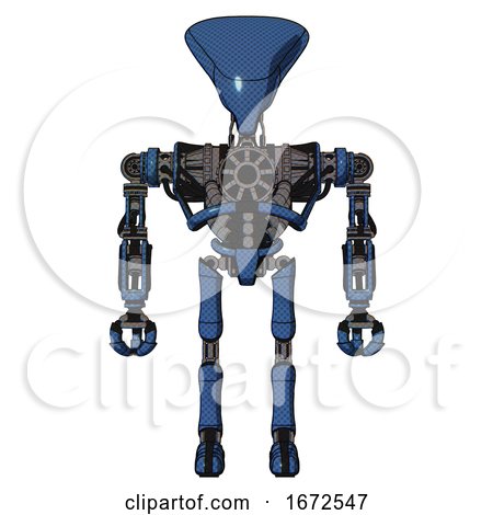 Droid Containing Flat Elongated Skull Head and Heavy Upper Chest and No Chest Plating and Ultralight Foot Exosuit. Blue Halftone. Front View. by Leo Blanchette