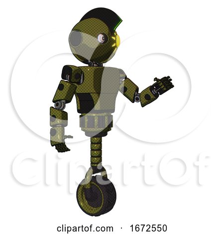 Droid Containing Oval Wide Head and Sunshine Patch Eye and Techno Mohawk and Light Chest Exoshielding and Prototype Exoplate Chest and Unicycle Wheel. Army Green Halftone. Interacting. by Leo Blanchette