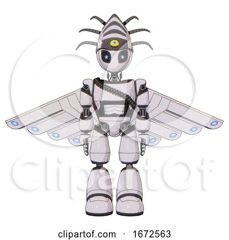 Android Containing Grey Alien Style Head and Electric Eyes and Eyeball Creature Crown and Light Chest Exoshielding and Rubber Chain Sash and Cherub Wings Design and Light Leg Exoshielding. by Leo Blanchette
