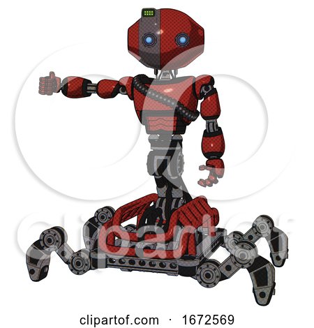 Mech Containing Oval Wide Head and Telescopic Steampunk Eyes and Green Led Ornament and Light Chest Exoshielding and Rubber Chain Sash and Insect Walker Legs. Cherry Tomato Red. by Leo Blanchette