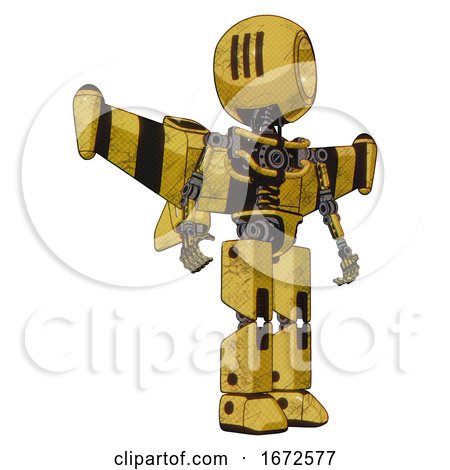 Robot Containing Round Head and Three Lens Sentinel Visor and Light Chest Exoshielding and Stellar Jet Wing Rocket Pack and No Chest Plating and Prototype Exoplate Legs. Construction Yellow Halftone. by Leo Blanchette