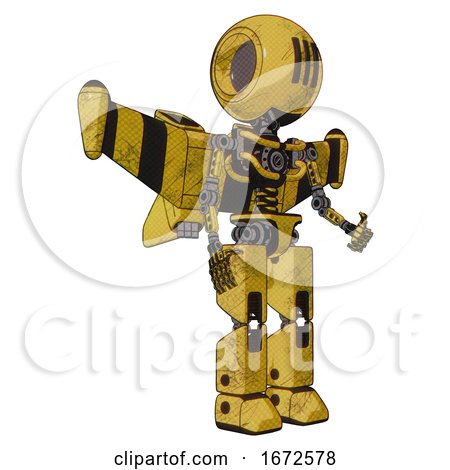 Robot Containing Round Head and Three Lens Sentinel Visor and Light Chest Exoshielding and Stellar Jet Wing Rocket Pack and No Chest Plating and Prototype Exoplate Legs. Construction Yellow Halftone. by Leo Blanchette