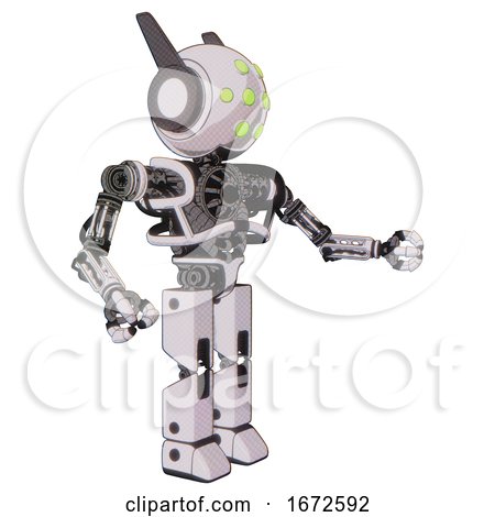 Bot Containing Round Head and Green Eyes Array and Head Winglets and Heavy Upper Chest and No Chest Plating and Prototype Exoplate Legs. White Halftone Toon. Interacting. by Leo Blanchette