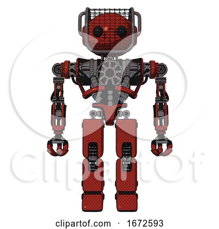 Bot Containing Oval Wide Head and Beady Black Eyes and Barbed Wire Visor Helmet and Heavy Upper Chest and No Chest Plating and Prototype Exoplate Legs. Cherry Tomato Red. Front View. by Leo Blanchette