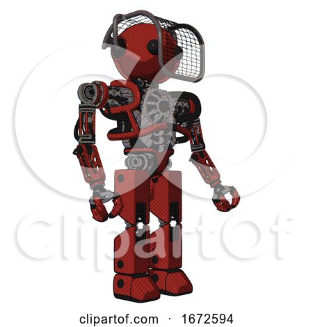 Bot Containing Oval Wide Head and Beady Black Eyes and Barbed Wire Visor Helmet and Heavy Upper Chest and No Chest Plating and Prototype Exoplate Legs. Cherry Tomato Red. Facing Left View. by Leo Blanchette