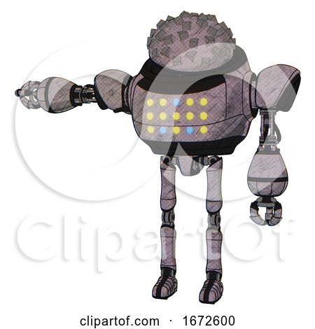 Robot Containing Metal Cubes Dome Head Design and Heavy Upper Chest and Colored Lights Array and Ultralight Foot Exosuit. Sketch Fast Lines. Arm out Holding Invisible Object.. by Leo Blanchette