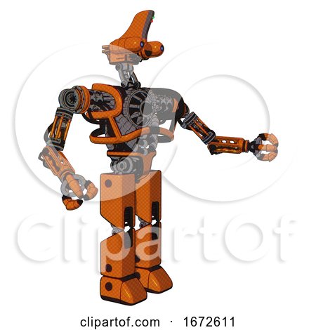 Android Containing Dual Retro Camera Head and Reversed Fin Head and Heavy Upper Chest and No Chest Plating and Prototype Exoplate Legs. Secondary Orange Halftone. Interacting. by Leo Blanchette
