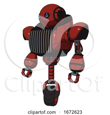 Bot Containing Oval Wide Head and Blue Led Eyes and Heavy Upper Chest and Chest Vents and Unicycle Wheel. Cherry Tomato Red. Standing Looking Right Restful Pose. by Leo Blanchette