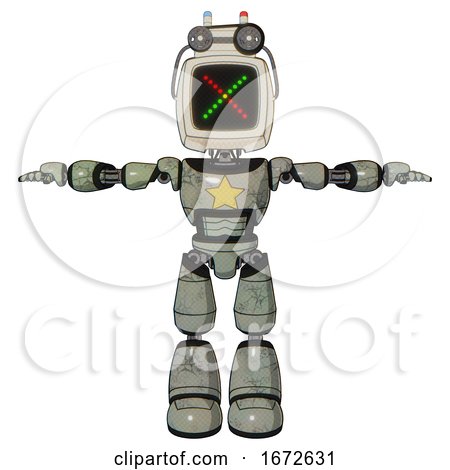 Bot Containing Old Computer Monitor and Colored X Display and Old Computer Magnetic Tape and Light Chest Exoshielding and Yellow Star and Light Leg Exoshielding. Green Metal. T-pose. by Leo Blanchette