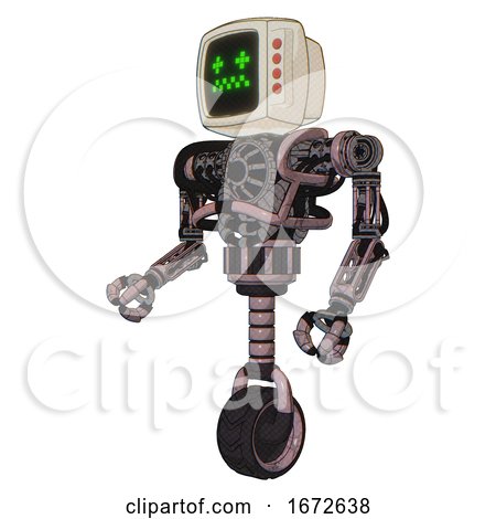 Droid Containing Old Computer Monitor and Stunned Pixels Face and Red Buttons and Heavy Upper Chest and No Chest Plating and Unicycle Wheel. Grayish Pink. Facing Right View. by Leo Blanchette