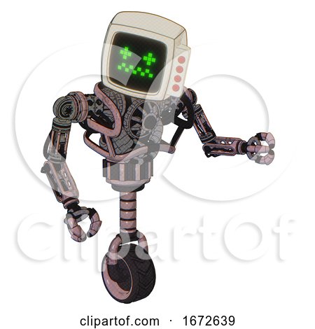 Droid Containing Old Computer Monitor and Stunned Pixels Face and Red Buttons and Heavy Upper Chest and No Chest Plating and Unicycle Wheel. Grayish Pink. Fight or Defense Pose.. by Leo Blanchette