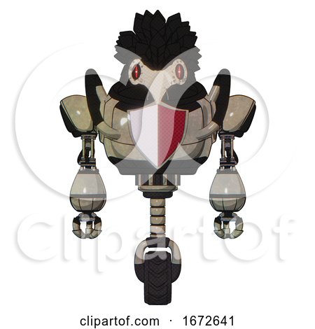 Bot Containing Bird Skull Head and Red Line Eyes and Crow Feather Design and Heavy Upper Chest and Red Shield Defense Design and Unicycle Wheel. Grungy Fiberglass. Front View. by Leo Blanchette