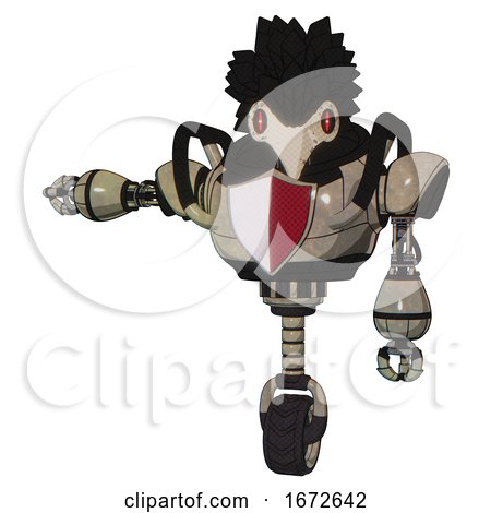 Bot Containing Bird Skull Head and Red Line Eyes and Crow Feather Design and Heavy Upper Chest and Red Shield Defense Design and Unicycle Wheel. Grungy Fiberglass. Arm out Holding Invisible Object.. by Leo Blanchette