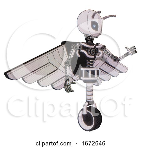Mech Containing Grey Alien Style Head and Electric Eyes and Bug Antennas and Light Chest Exoshielding and Pilot's Wings Assembly and No Chest Plating and Unicycle Wheel. White Halftone Toon. by Leo Blanchette