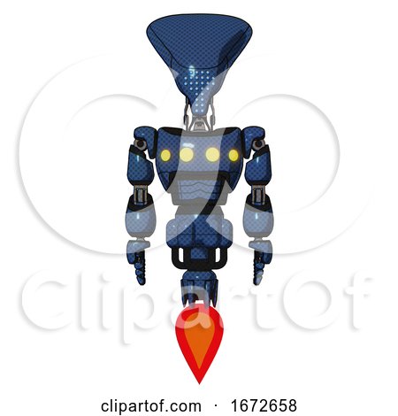 Robot Containing Flat Elongated Skull Head and Light Chest Exoshielding and Yellow Chest Lights and Jet Propulsion. Dark Blue Halftone. Front View. by Leo Blanchette