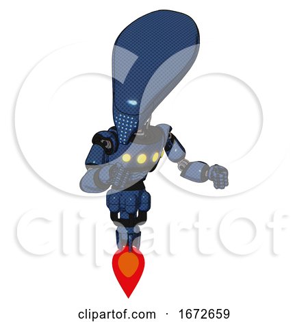 Robot Containing Flat Elongated Skull Head and Light Chest Exoshielding and Yellow Chest Lights and Jet Propulsion. Dark Blue Halftone. Fight or Defense Pose.. by Leo Blanchette