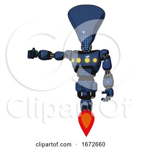 Robot Containing Flat Elongated Skull Head and Light Chest Exoshielding and Yellow Chest Lights and Jet Propulsion. Dark Blue Halftone. Arm out Holding Invisible Object.. by Leo Blanchette
