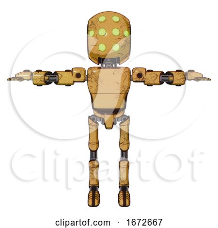 Droid Containing Round Head and Green Eyes Array and Light Chest Exoshielding and Prototype Exoplate Chest and Ultralight Foot Exosuit. Construction Yellow Halftone. T-pose. by Leo Blanchette