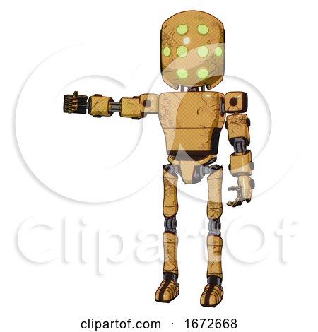 Droid Containing Round Head and Green Eyes Array and Light Chest Exoshielding and Prototype Exoplate Chest and Ultralight Foot Exosuit. Construction Yellow Halftone. Arm out Holding Invisible Object.. by Leo Blanchette