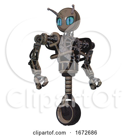 Droid Containing Grey Alien Style Head and Blue Grate Eyes and Bug Antennas and Heavy Upper Chest and No Chest Plating and Unicycle Wheel. Patent Khaki Metal. Hero Pose. by Leo Blanchette