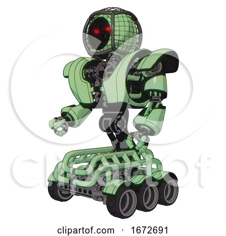 Cyborg Containing Round Barbed Wire Round Head and Heavy Upper Chest and Heavy Mech Chest and Six-wheeler Base. Green Tint Toon. Facing Right View. by Leo Blanchette