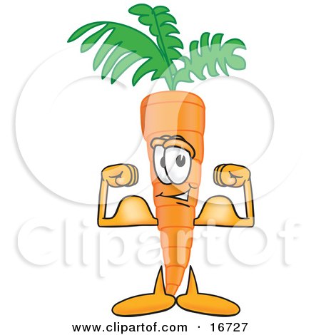 Clipart Picture of an Orange Carrot Mascot Cartoon Character Flexing His Bicep Arm Muscles to Show His Strength by Mascot Junction