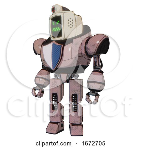 Automaton Containing Old Computer Monitor and Angry Pixels Face and Retro-futuristic Webcam and Heavy Upper Chest and Blue Shield Defense Design and Prototype Exoplate Legs. Powder Pink Metal. by Leo Blanchette
