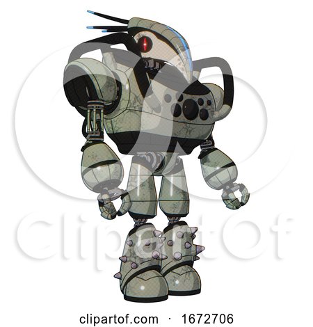 Droid Containing Bird Skull Head and Red Line Eyes and Head Shield Design and Heavy Upper Chest and Chest Compound Eyes and Light Leg Exoshielding and Spike Foot Mod. Green Metal. Facing Left View. by Leo Blanchette