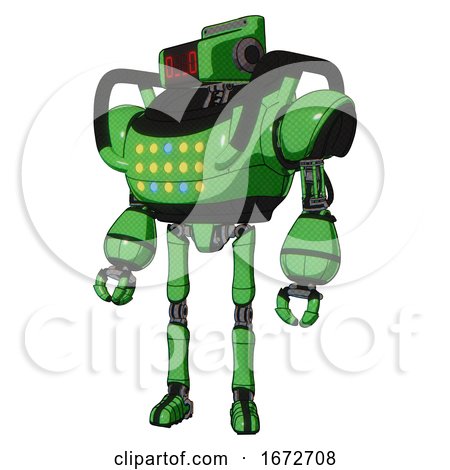Automaton Containing Dual Retro Camera Head and Clock Radio Head and Heavy Upper Chest and Colored Lights Array and Ultralight Foot Exosuit. Secondary Green Halftone. by Leo Blanchette