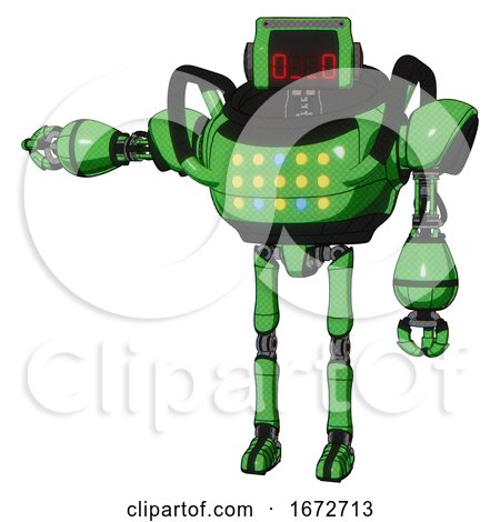 Automaton Containing Dual Retro Camera Head and Clock Radio Head and Heavy Upper Chest and Colored Lights Array and Ultralight Foot Exosuit. Secondary Green Halftone. by Leo Blanchette