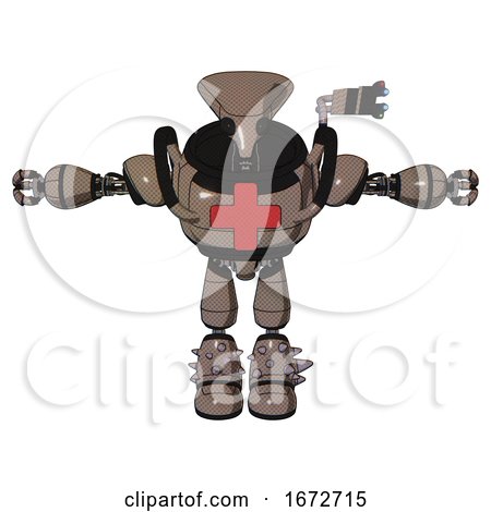 Mech Containing Flat Elongated Skull Head and Heavy Upper Chest and First Aid Chest Symbol and Light Leg Exoshielding and Spike Foot Mod. Khaki Halftone. T-pose. by Leo Blanchette