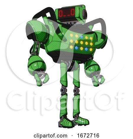 Automaton Containing Dual Retro Camera Head and Clock Radio Head and Heavy Upper Chest and Colored Lights Array and Ultralight Foot Exosuit. Secondary Green Halftone. Hero Pose. by Leo Blanchette