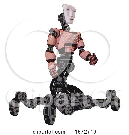 Bot Containing Humanoid Face Mask and Light Chest Exoshielding and Chest Green Blue Lights Array and Insect Walker Legs. Toon Pink Tint. Facing Left View. by Leo Blanchette