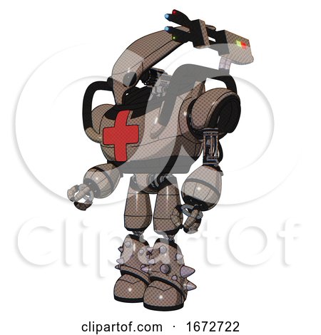 Mech Containing Flat Elongated Skull Head and Heavy Upper Chest and First Aid Chest Symbol and Light Leg Exoshielding and Spike Foot Mod. Khaki Halftone. Facing Right View. by Leo Blanchette