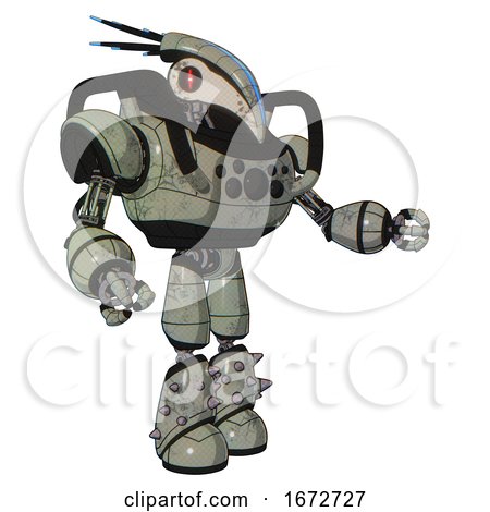Droid Containing Bird Skull Head and Red Line Eyes and Head Shield Design and Heavy Upper Chest and Chest Compound Eyes and Light Leg Exoshielding and Spike Foot Mod. Green Metal. Interacting. by Leo Blanchette