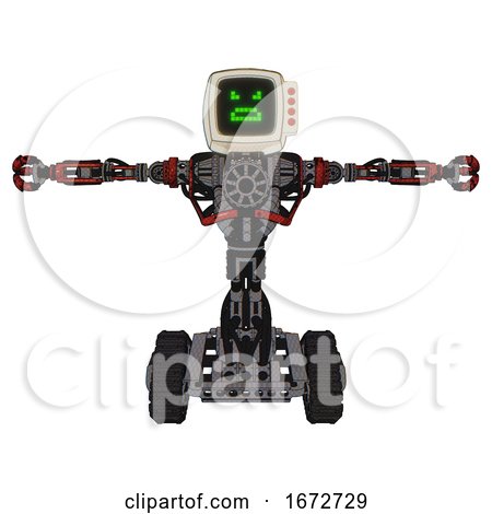 Android Containing Old Computer Monitor and Angry Pixels Face and Red Buttons and Heavy Upper Chest and No Chest Plating and Tank Tracks. Grunge Dots Cherry Tomato Red. T-pose. by Leo Blanchette