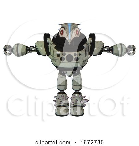 Droid Containing Bird Skull Head and Red Line Eyes and Head Shield Design and Heavy Upper Chest and Chest Compound Eyes and Light Leg Exoshielding and Spike Foot Mod. Green Metal. T-pose. by Leo Blanchette